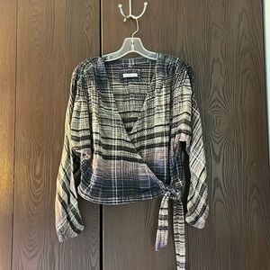 We The Free brown, black, rose striped wrap top. Size Medium.